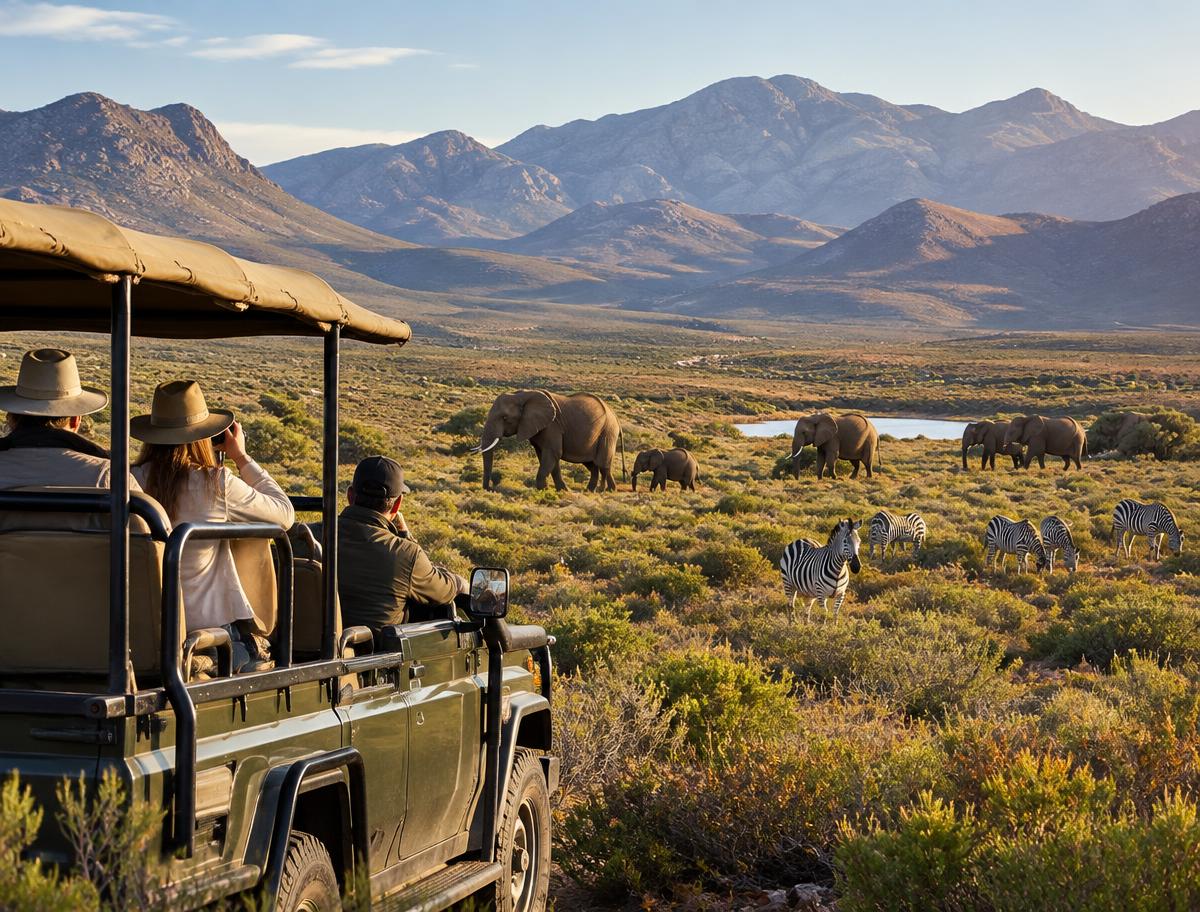 Safari guests viewing elephants and zebra in the mountain landscape at a Western Cape game reserve