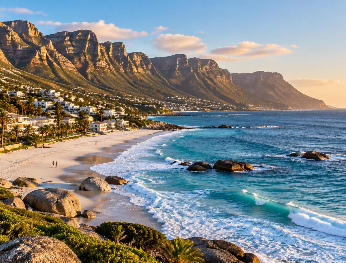 Camps Bay coastline with white sand and the Twelve Apostles mountain range