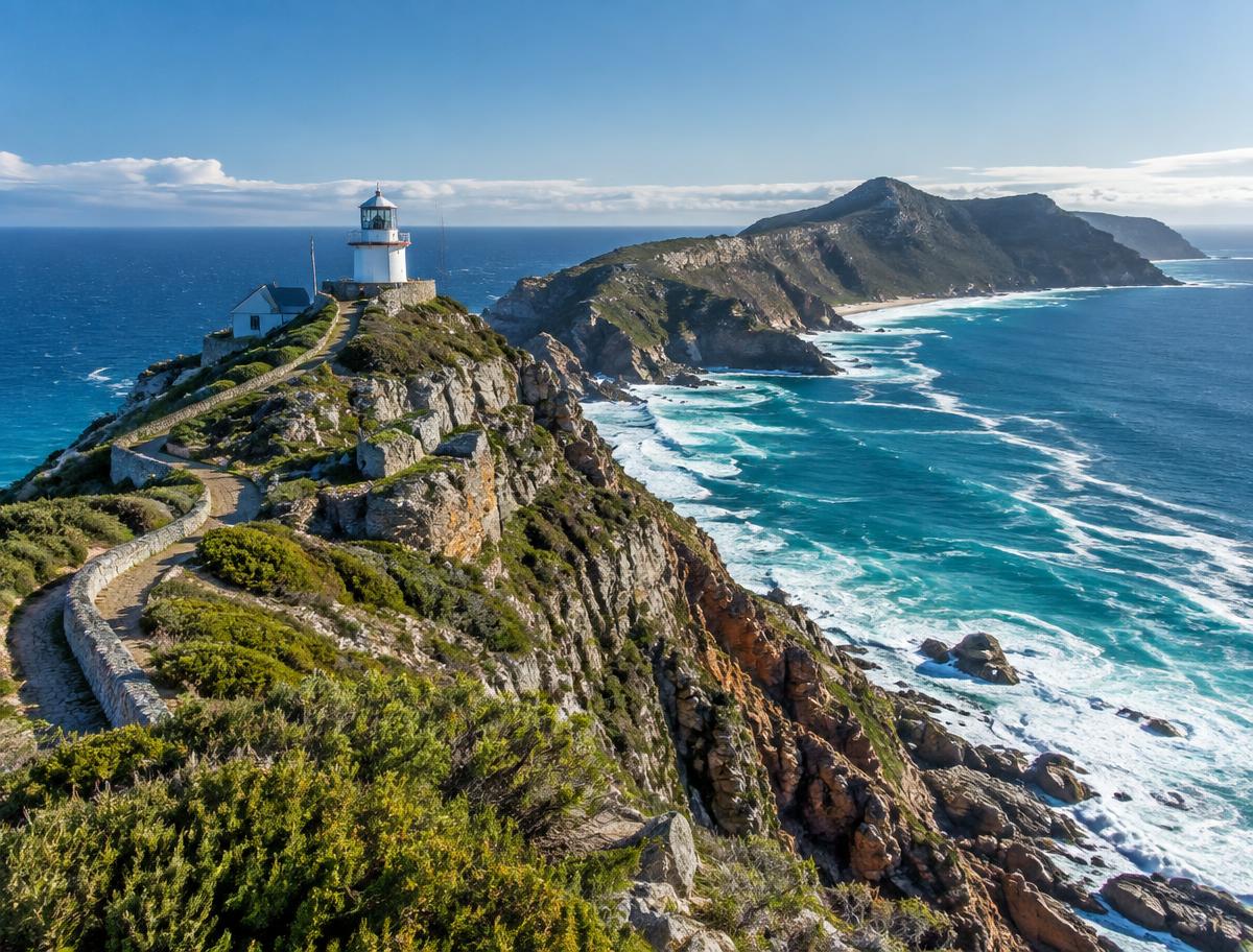 Cape Point lighthouse above the rugged Cape Peninsula coastline