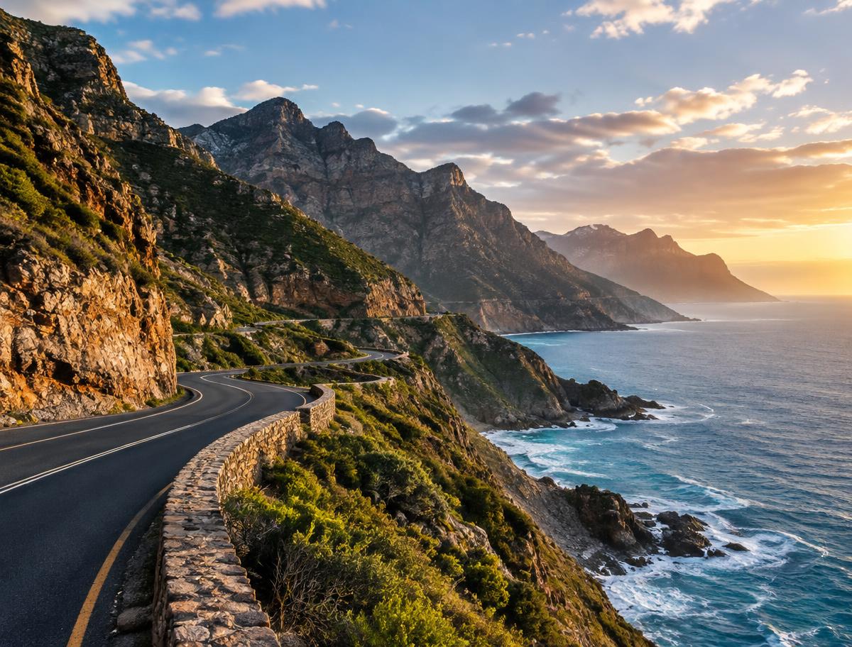 Chapman's Peak Drive winding between steep mountains and the Atlantic Ocean