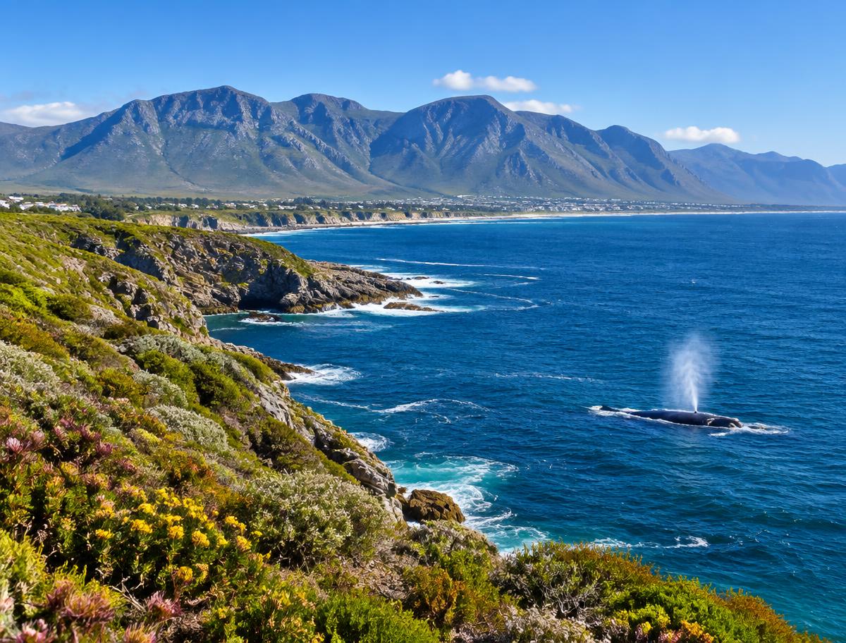 Southern right whale spouting in Walker Bay below the Hermanus cliffs