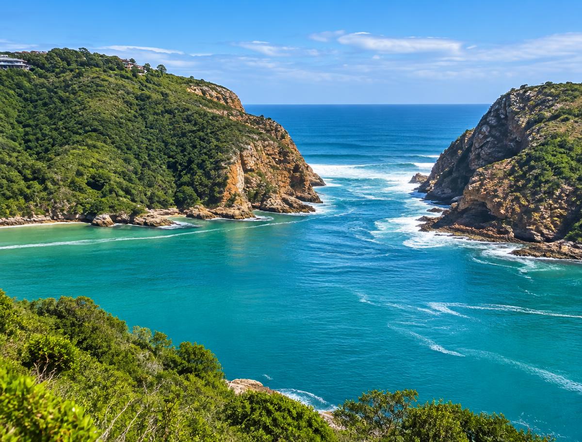 The Knysna Heads where the lagoon meets the sea between forested sandstone cliffs