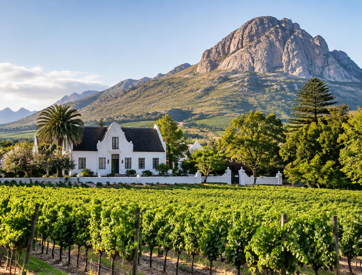 Paarl vineyards and Cape Dutch architecture beneath Paarl Mountain