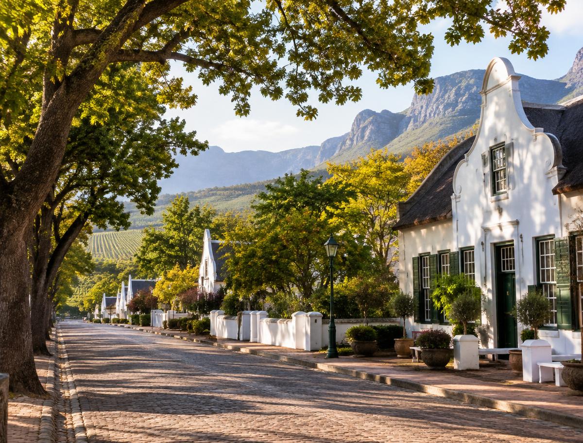 Oak-lined historic street and Cape Dutch buildings in Stellenbosch