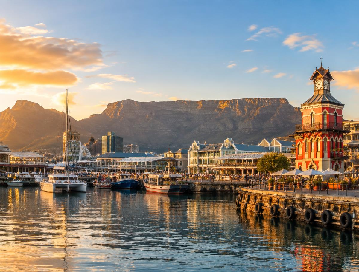 V&A Waterfront harbour and Clock Tower with Table Mountain behind it