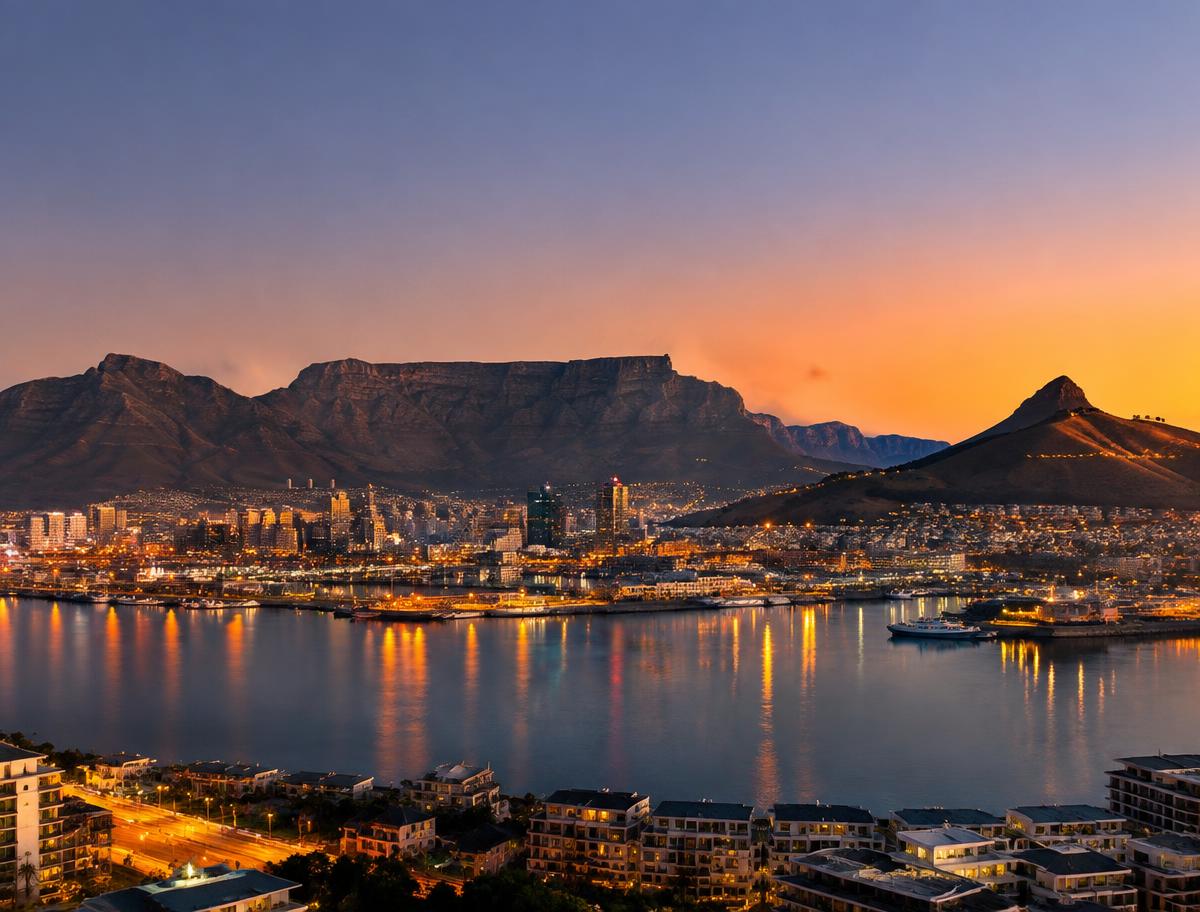 Cape Town city bowl and Table Mountain at dusk